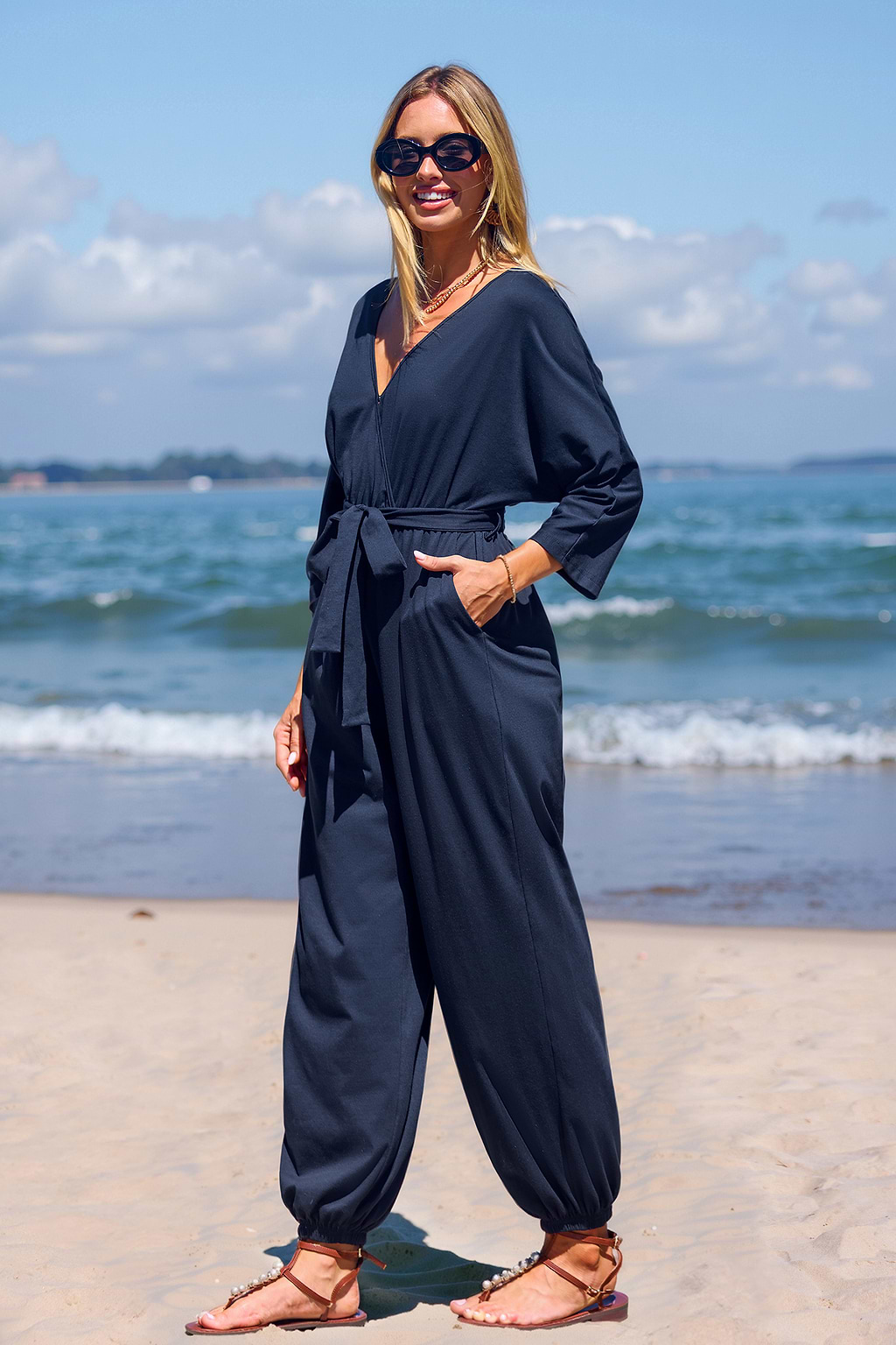 Navy Jersey Tapered Leg Jumpsuit