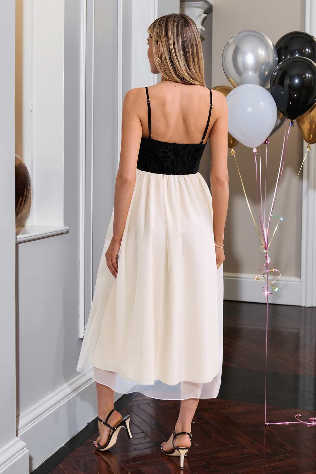 Black Sleeveless Sweetheart Organza Skirt Maxi Dress