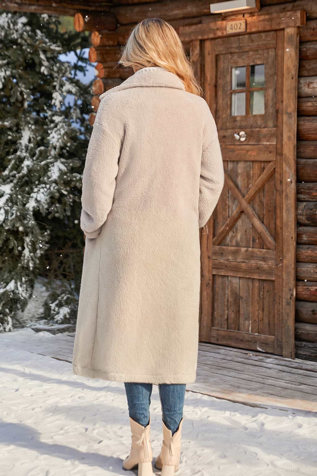 Neutral Faux Fur Double Breasted Coat