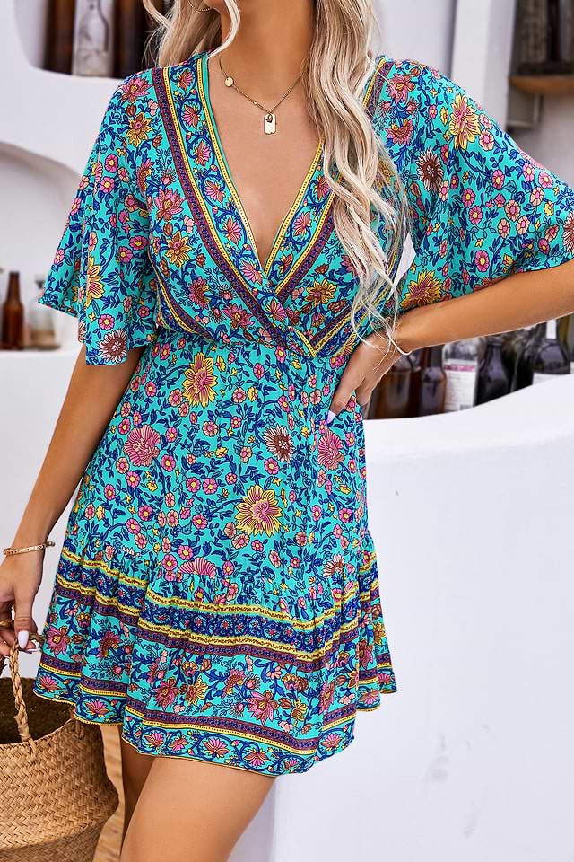 CUPSHE Women Summer A Line Flare Floral Dress V Neck Short Sleeve Mini Casual  Beach Boho Dress Elastic Waist Blue L