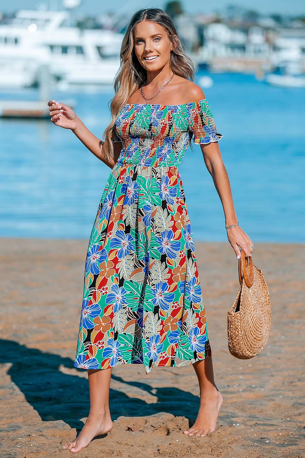 Tropical Bloom Off-Shoulder Smocked Maxi Dress
