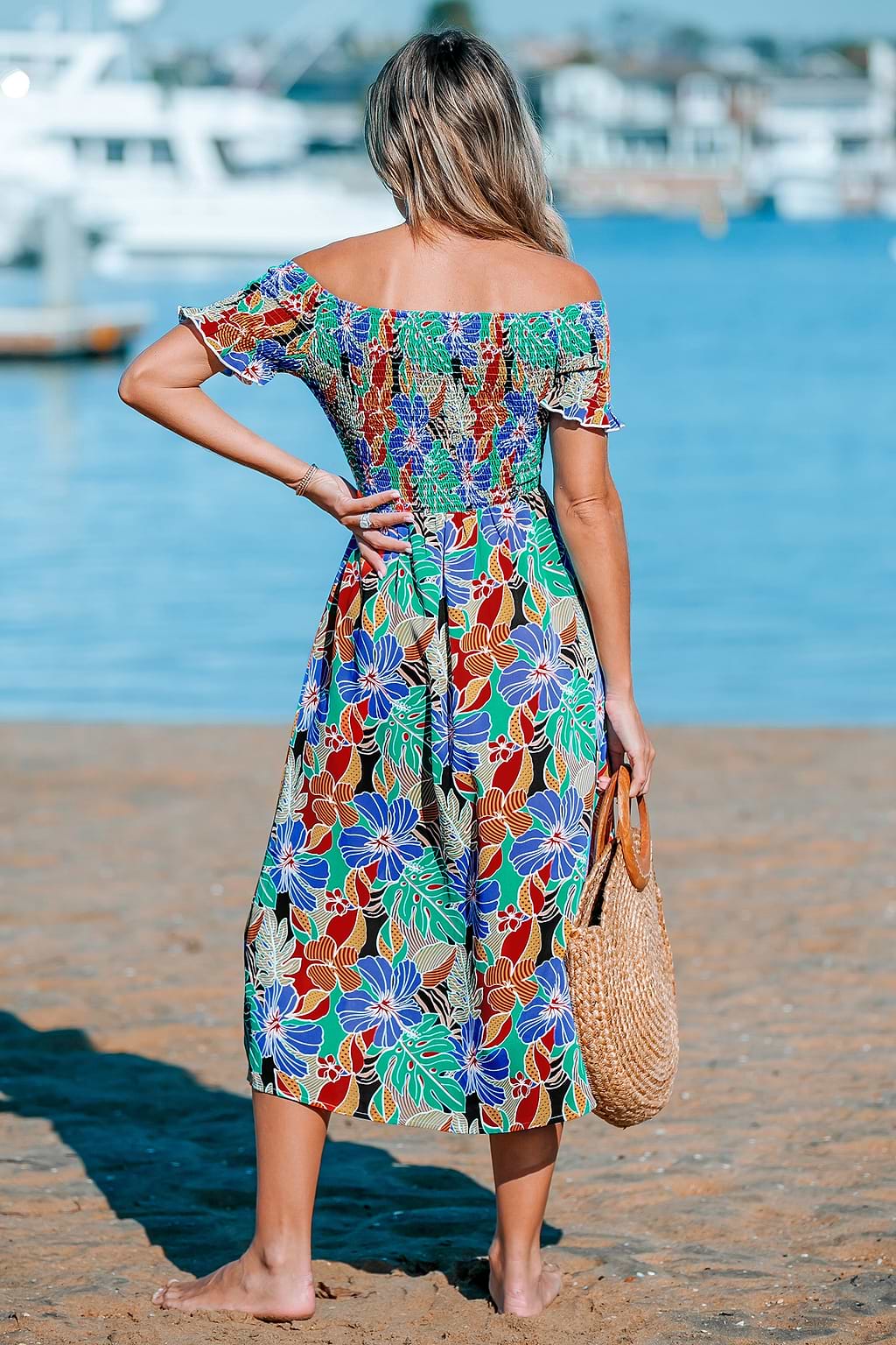 Tropical Bloom Off-Shoulder Smocked Maxi Dress
