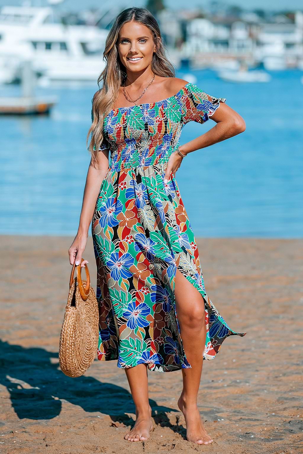 Tropical Bloom Off-Shoulder Smocked Maxi Dress