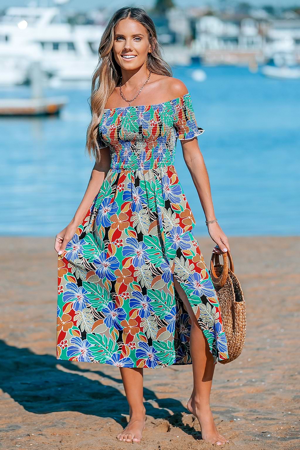 Tropical Bloom Off-Shoulder Smocked Maxi Dress
