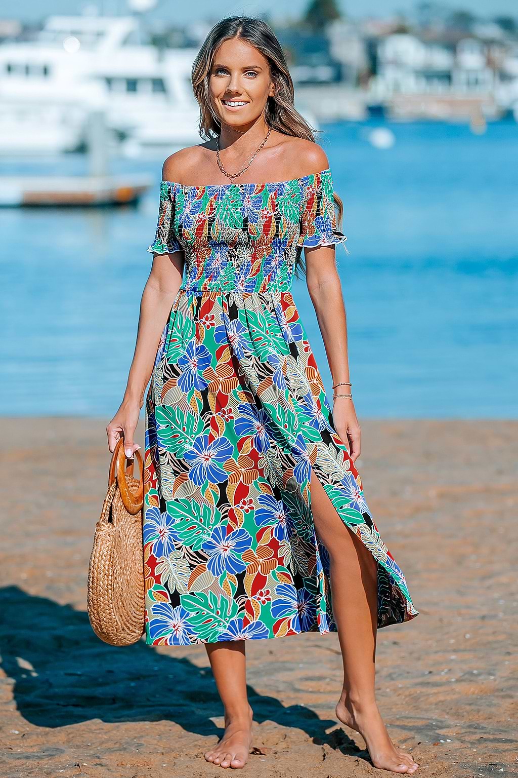 Tropical Bloom Off-Shoulder Smocked Maxi Dress