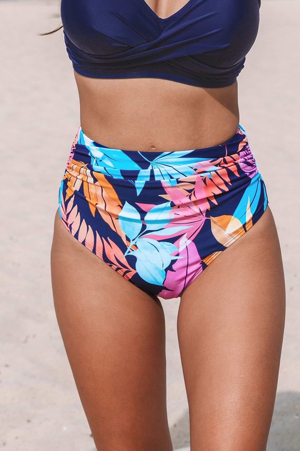 Super Bloom Tropical Ruched High-Waisted Bikini Bottoms