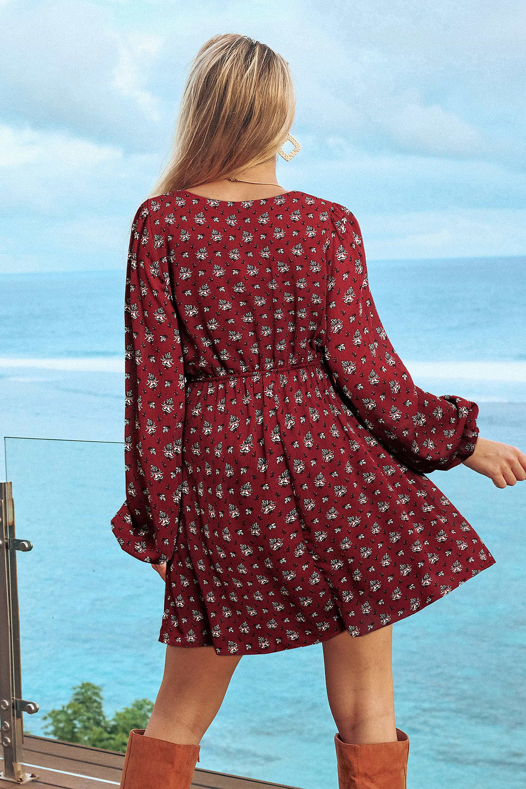 Cranberry Plunging Neck Long Sleeve Mini Dress