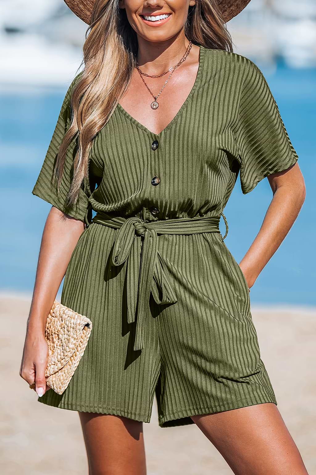 Ribbed V-Neck Short Sleeve Romper