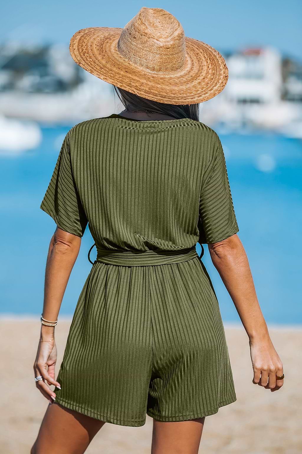 Ribbed V-Neck Short Sleeve Playsuit