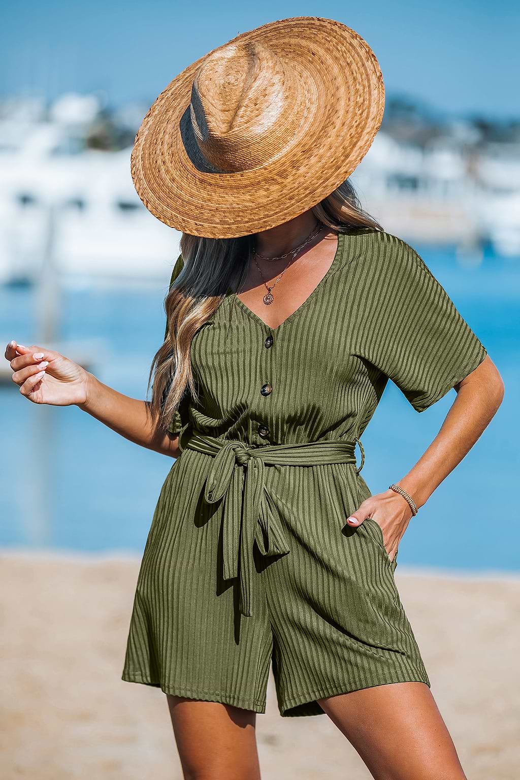 Ribbed V-Neck Short Sleeve Playsuit
