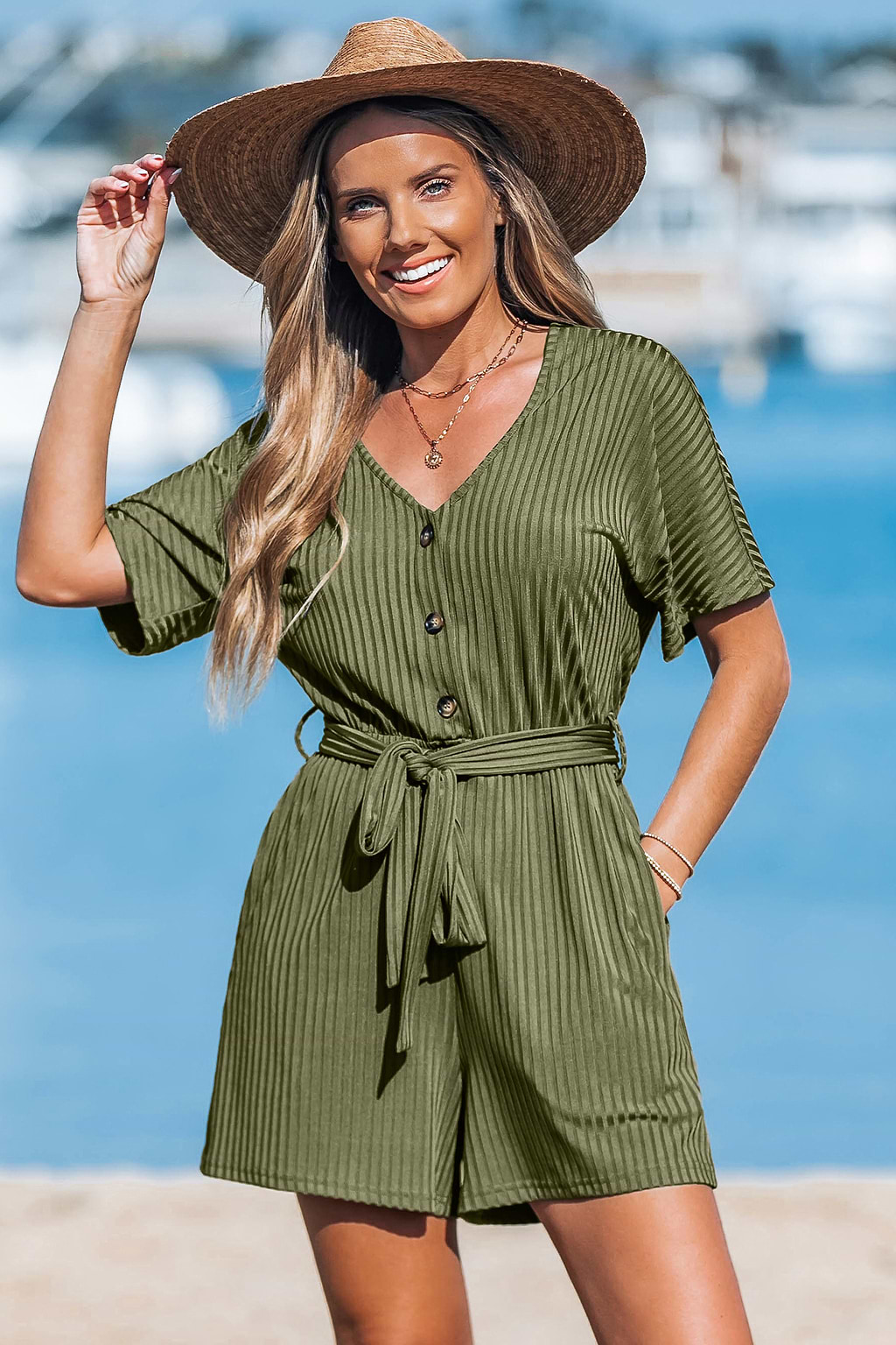Ribbed V-Neck Short Sleeve Playsuit