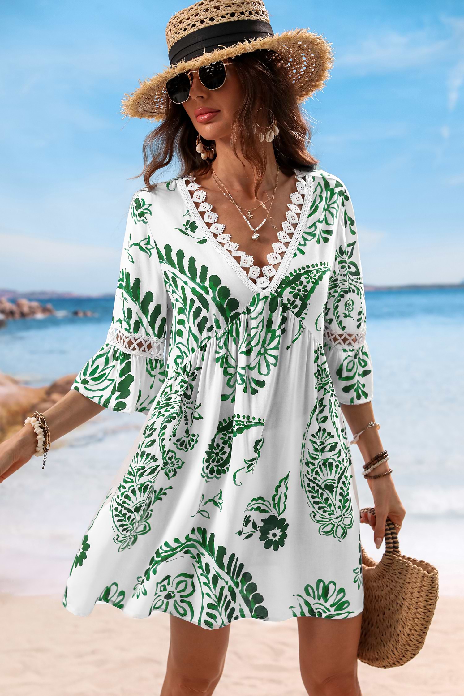 Relaxed Paisley Mini Dress with V-Neck for Vacation