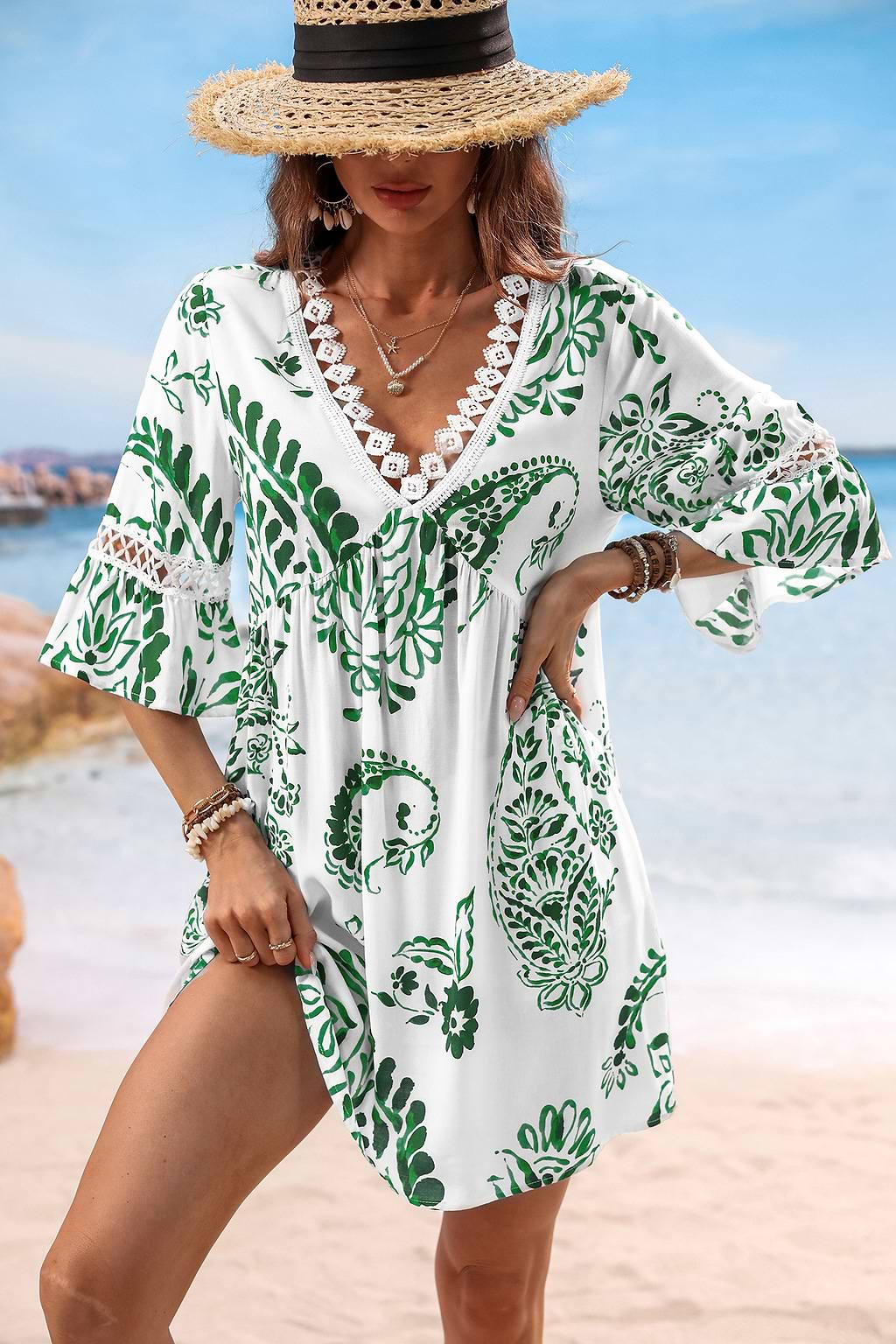 Green Paisley V-Neck Mini Dress