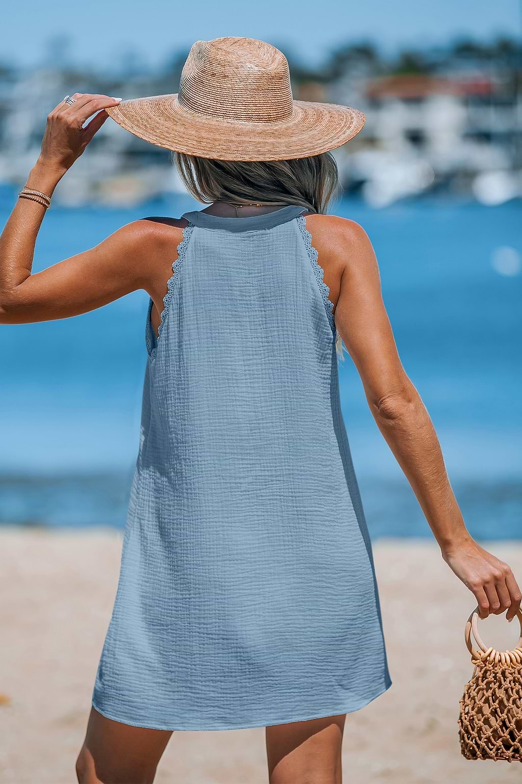 Blue Notched Neck Cover-Up Mini Dress