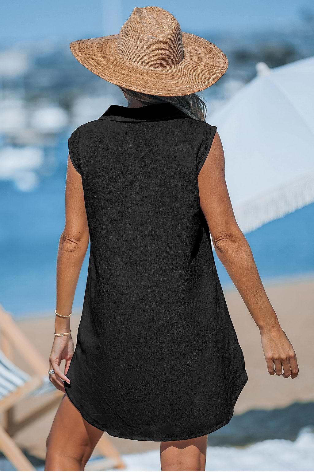 Black Sleeveless Collared Cover-Up Mini Dress