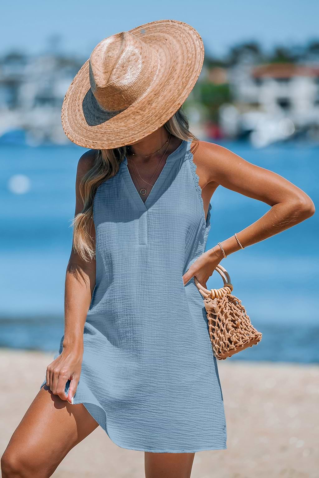 Blue Notched Neck Cover-Up Mini Dress
