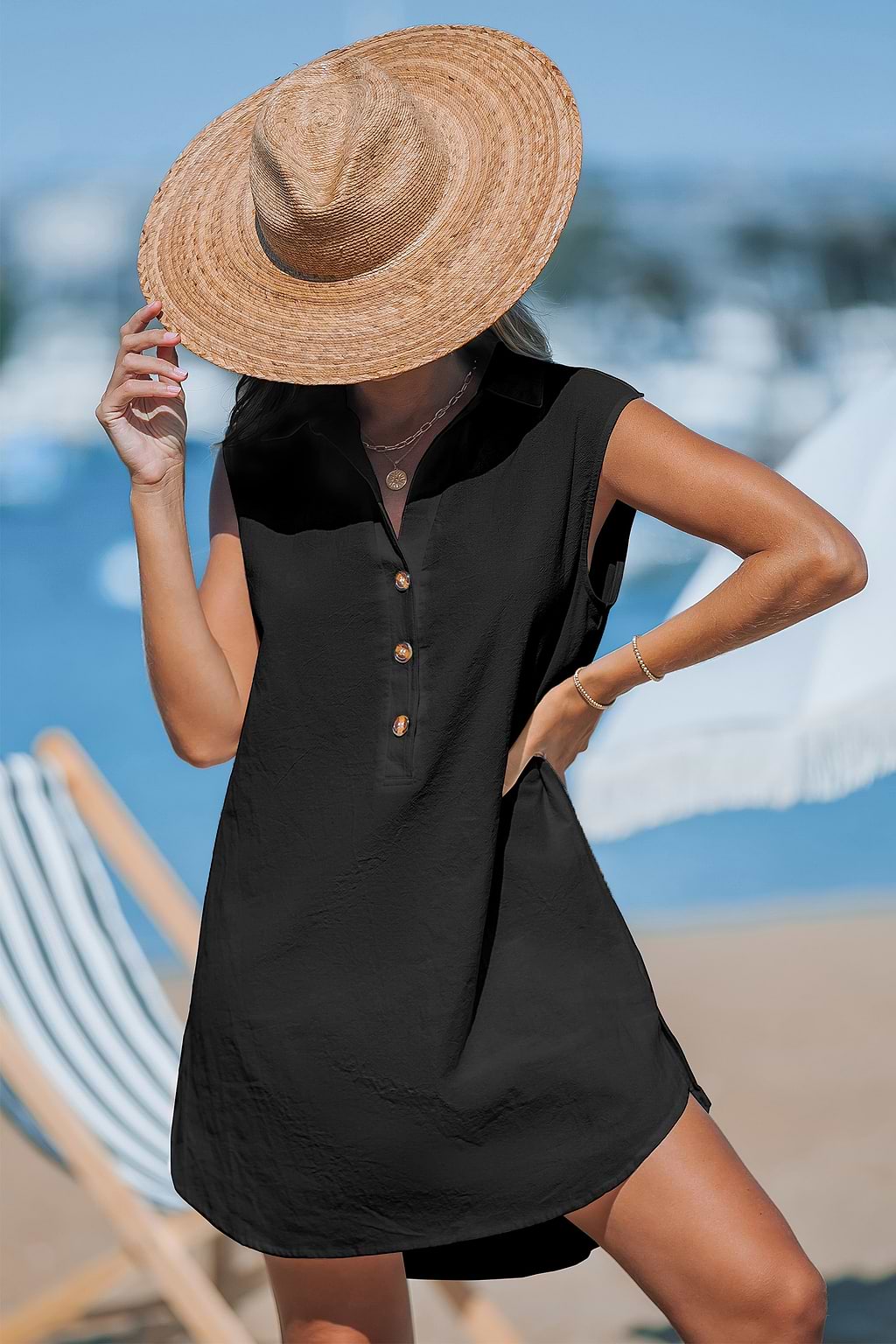 Black Sleeveless Collared Cover-Up Mini Dress