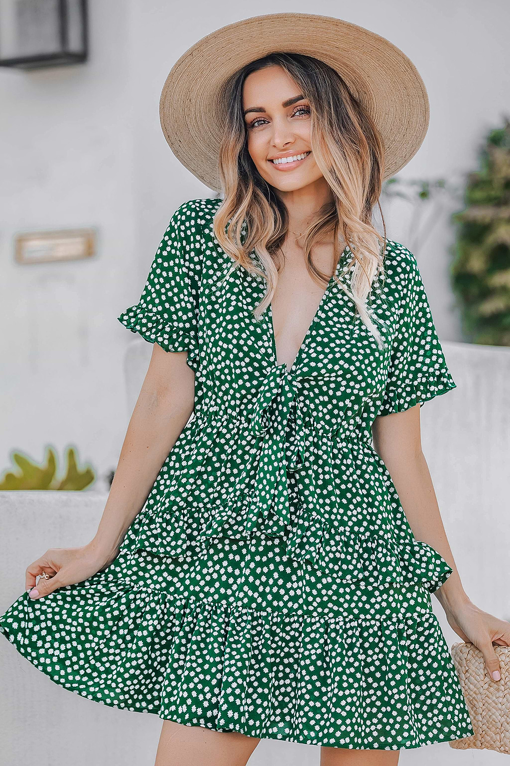 Green Plunging Neck Tiered Mini Dress