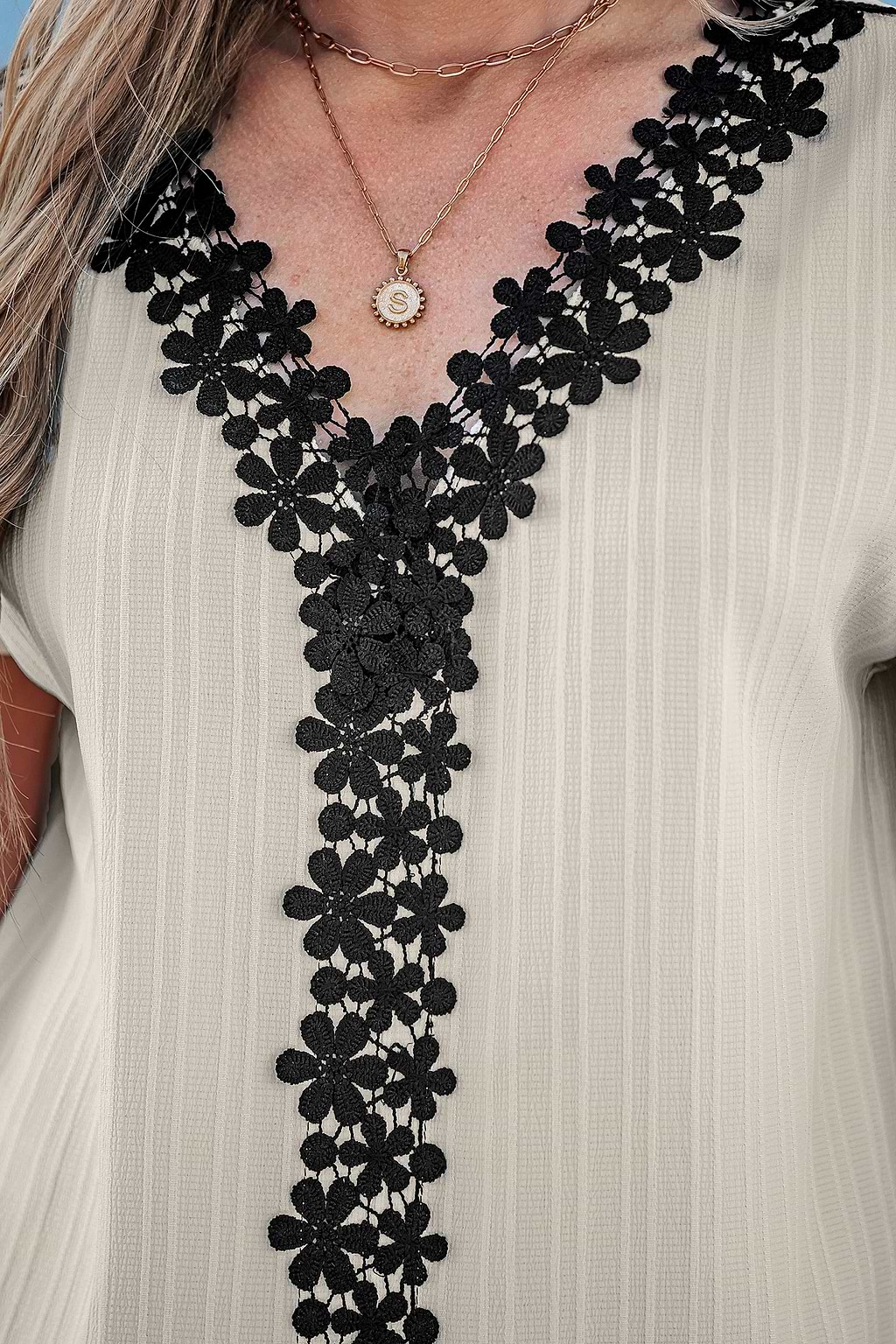 White & Black Floral Lace V-Neck Top