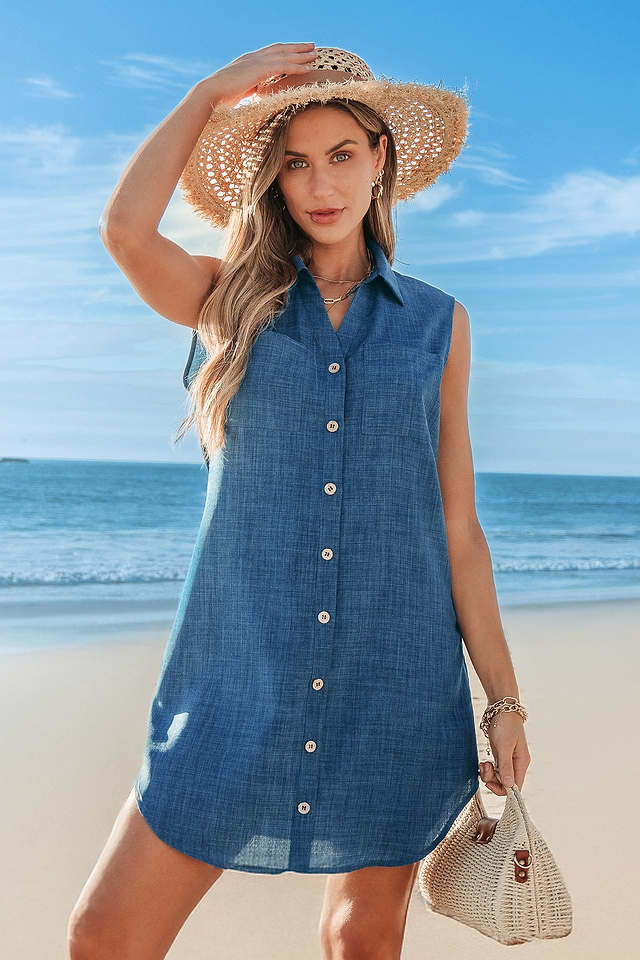 Sun Tank Top Cover Up Dress Indigo Sleeveless Collared Cover-Up - Main Image
