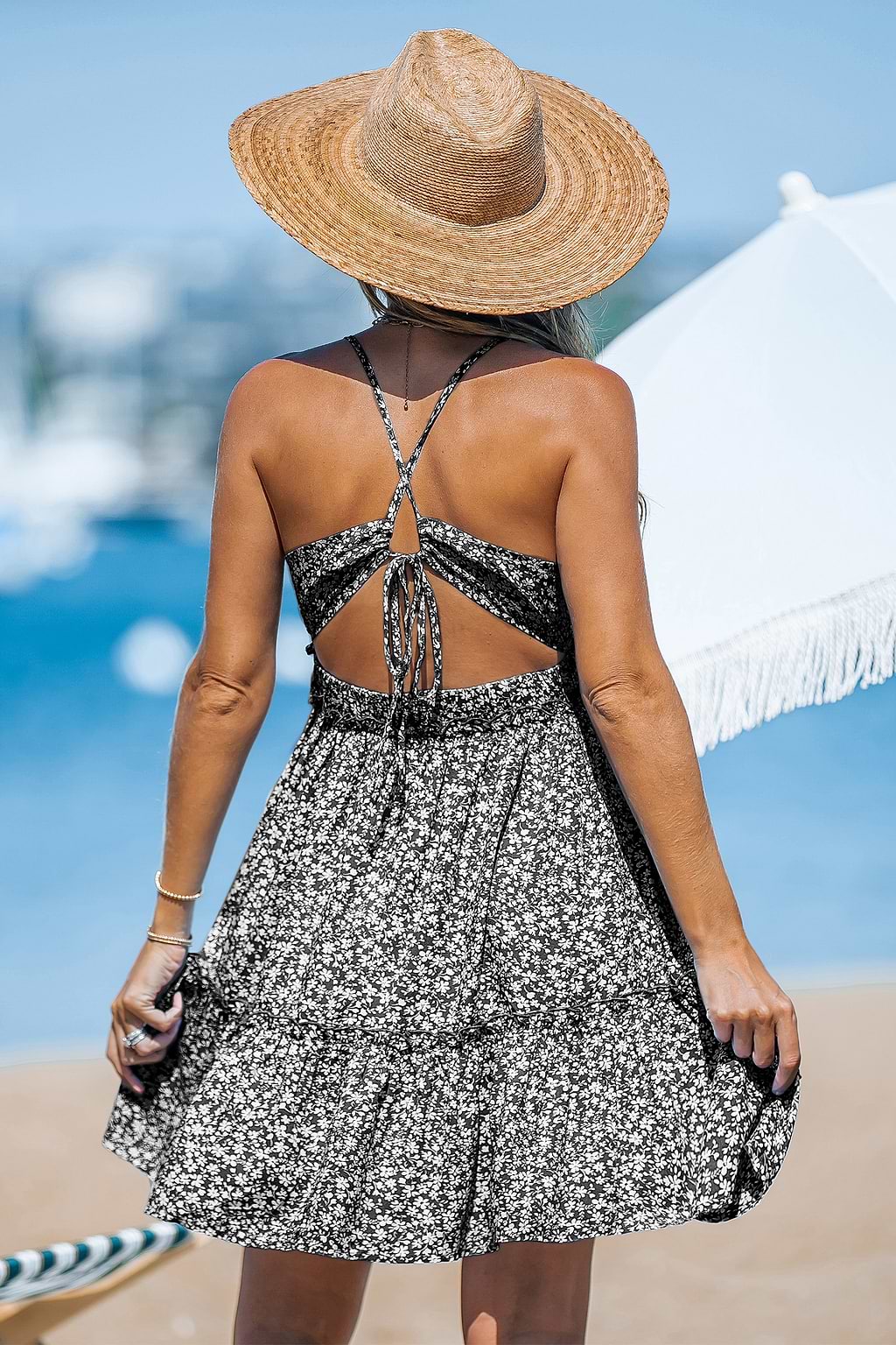 Black Ditsy Floral Plunging Mini Dress