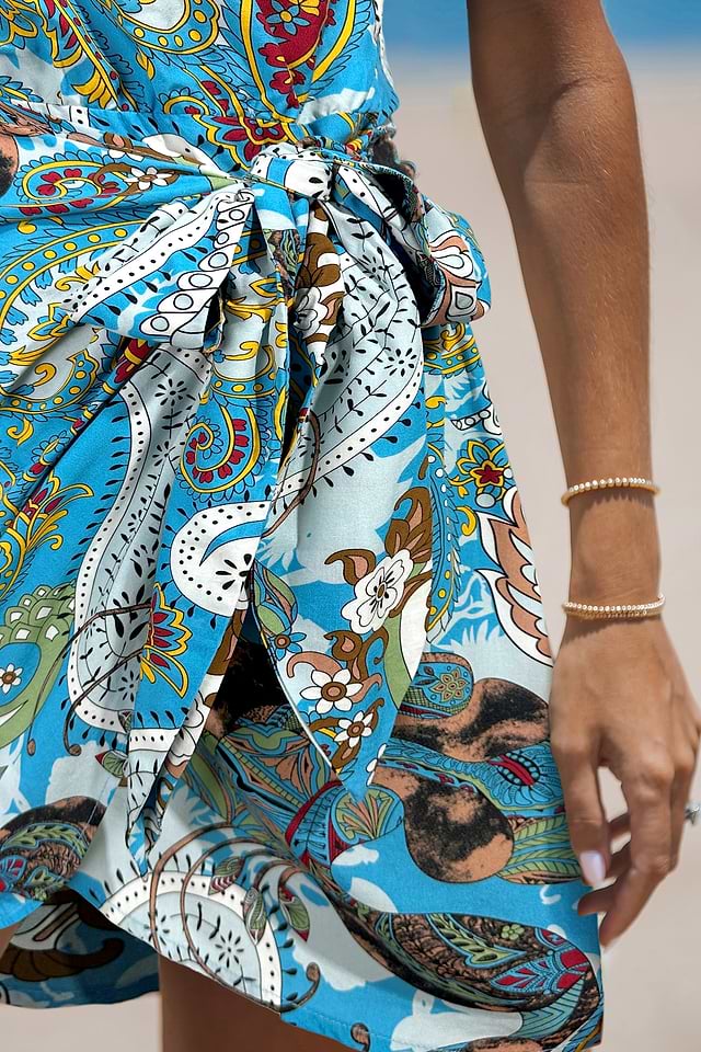 Blue Paisley One-Shoulder Wrap Mini Dress | Fun & Flattering | Cupshe