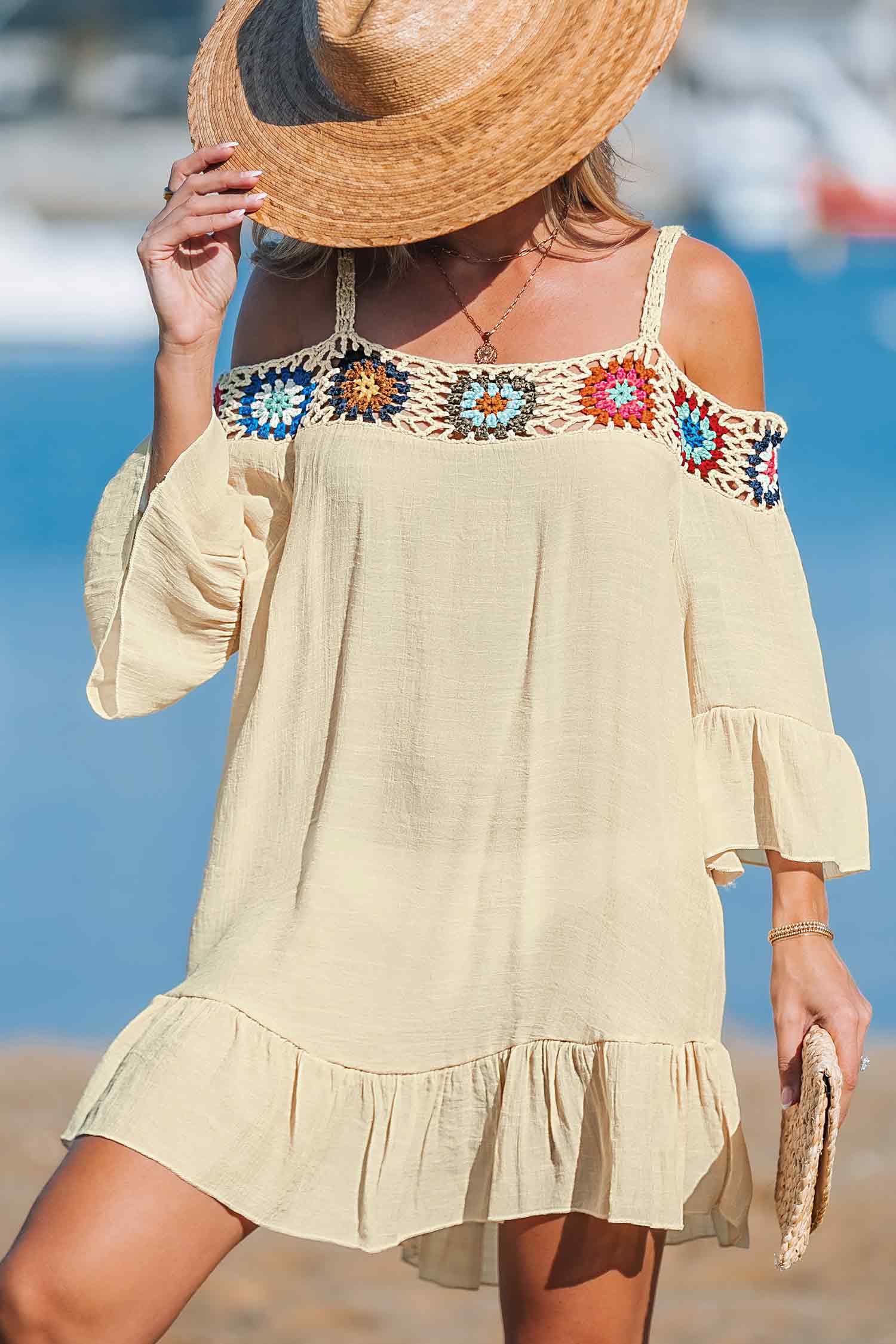 Crochet Off-Shoulder Cover-Up Mini Dress