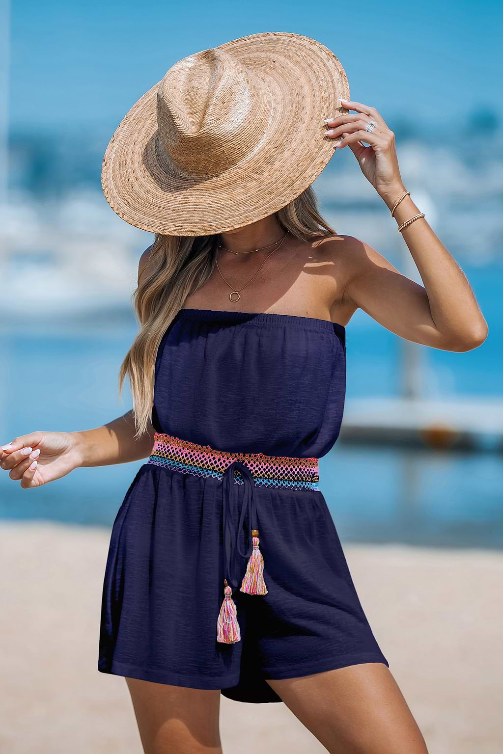 Blue Strapless Smocked Cover-Up Romper