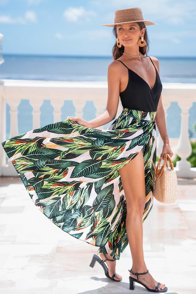 Black Tropical Wrap Sleeveless Split Midi Dress