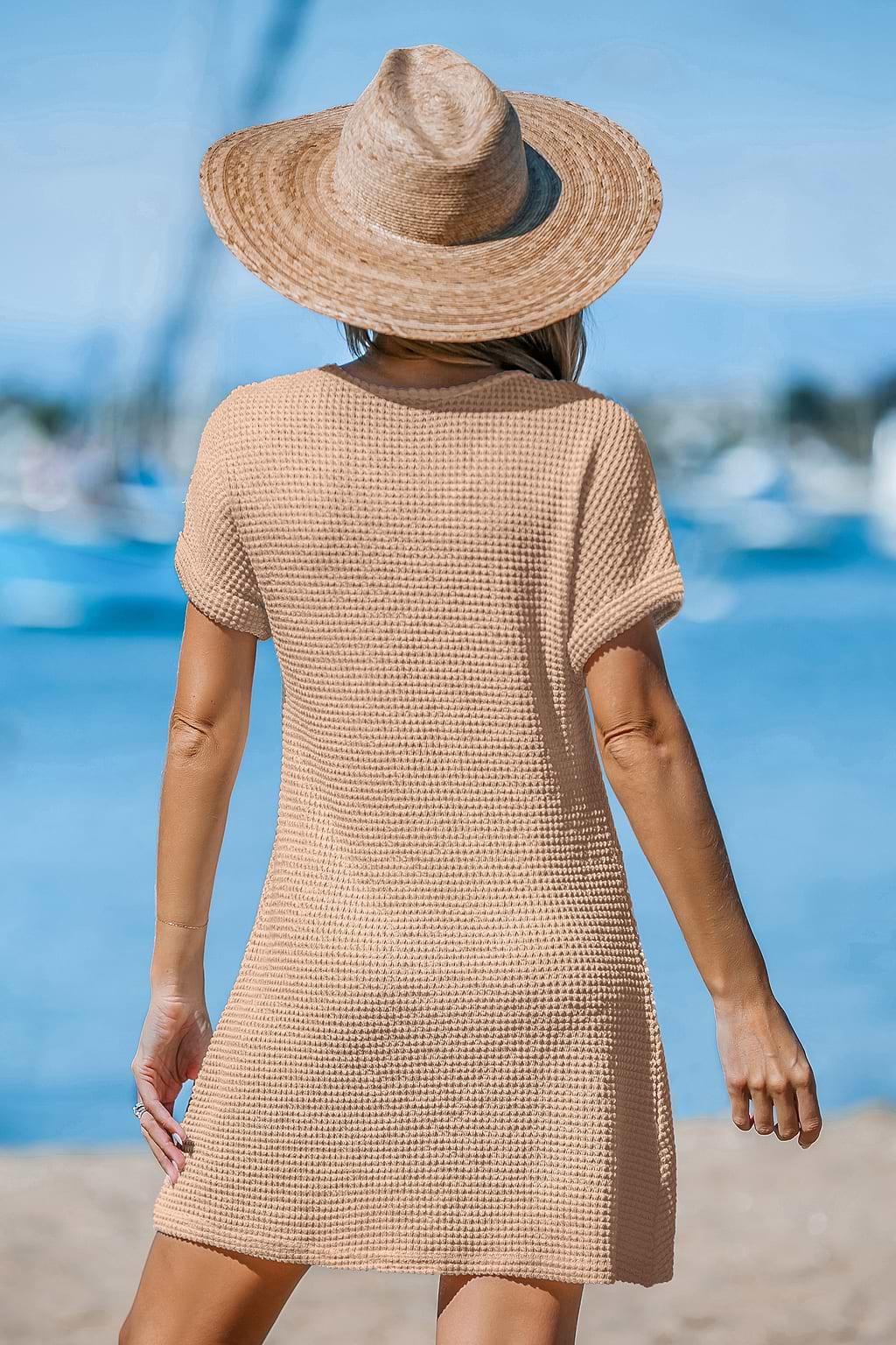 Khaki Notched Neck Short Sleeve Cover-Up Dress