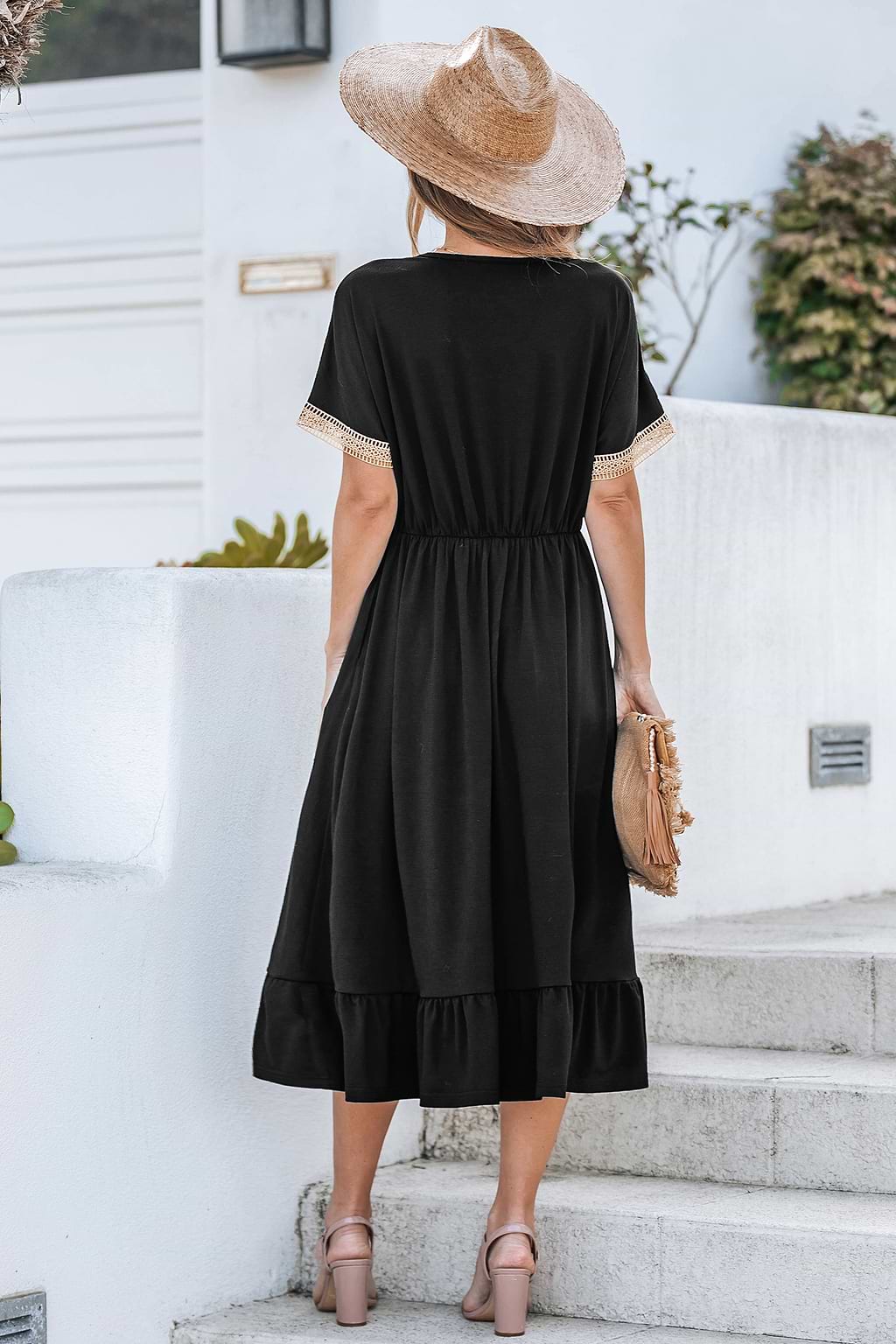 Black V-Neck Short Sleeve Mini Dress