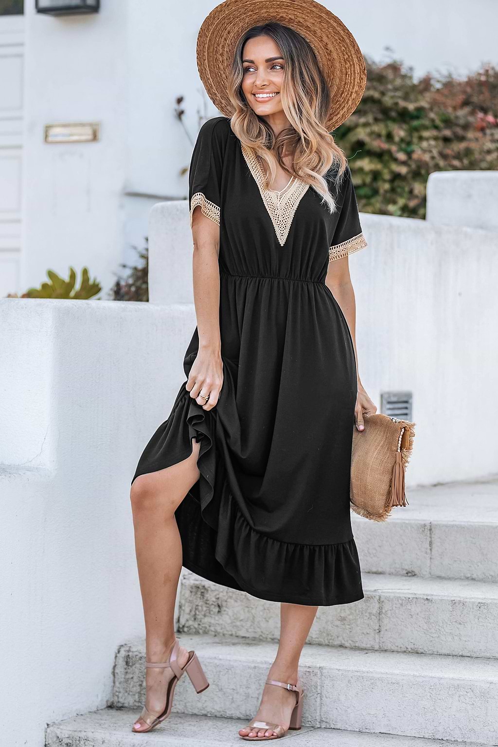 Black V-Neck Short Sleeve Mini Dress