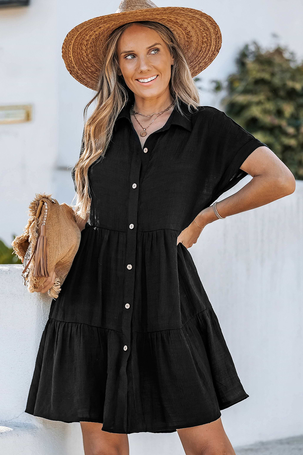 Black Collared Short Sleeve Mini Dress