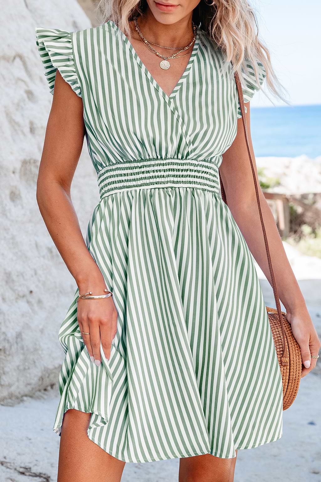 Sage Stripe Surplice Mini Dress