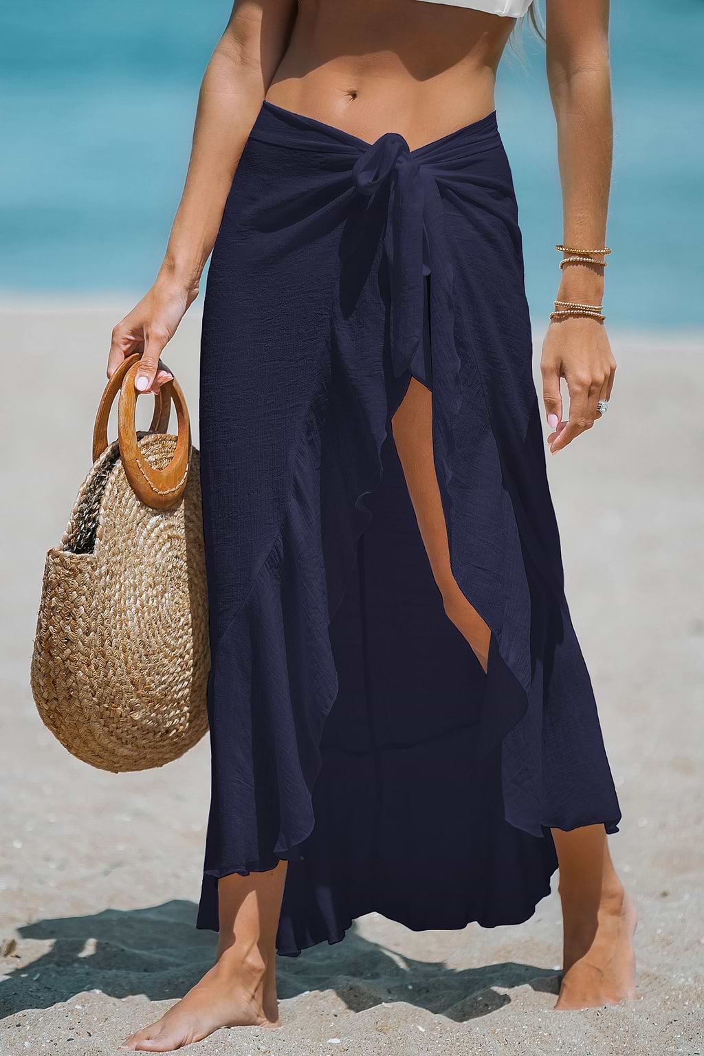 Transparenter Midi-Sarong mit Rüschen in Marineblau