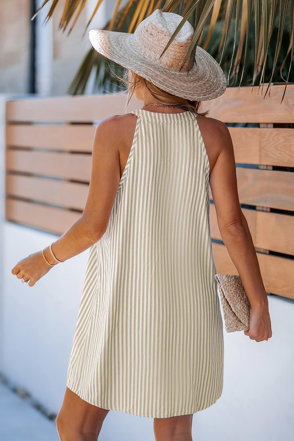Beige Striped Notched Neck Mini Dress