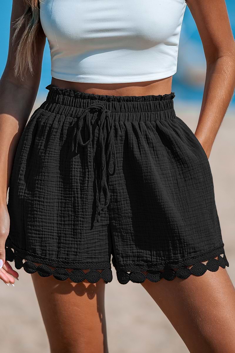 Black Paperbag Waist Lace Trim Cover-Up Shorts