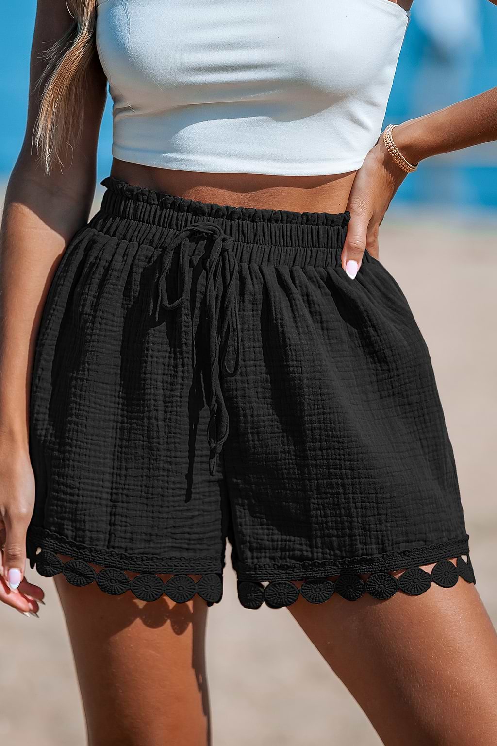 Black Paperbag Waist Lace Trim Cover-Up Shorts