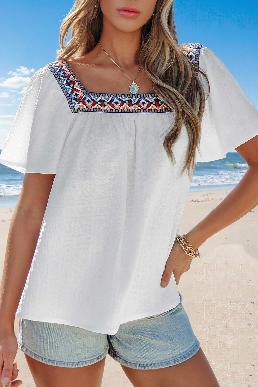 White Embroidered Square Neck Top