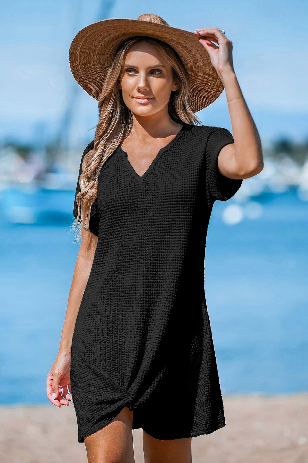 Black Notched Neck Knotted Cover-Up Mini Dress
