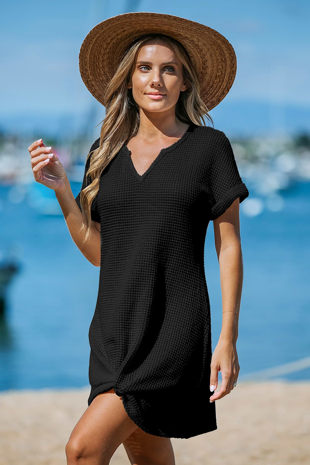 Black Notched Neck Knotted Cover-Up Mini Dress