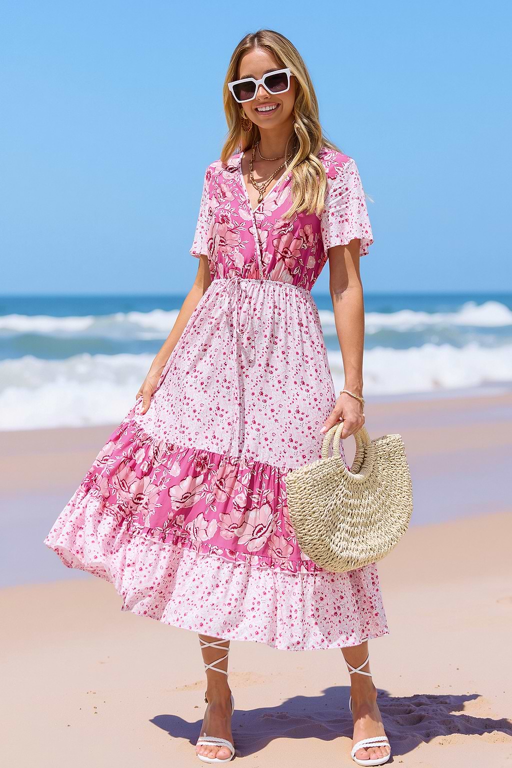 Pink Floral Surplice Midi Dress