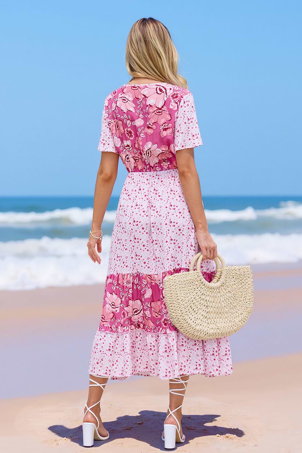 Pink Floral Surplice Midi Dress