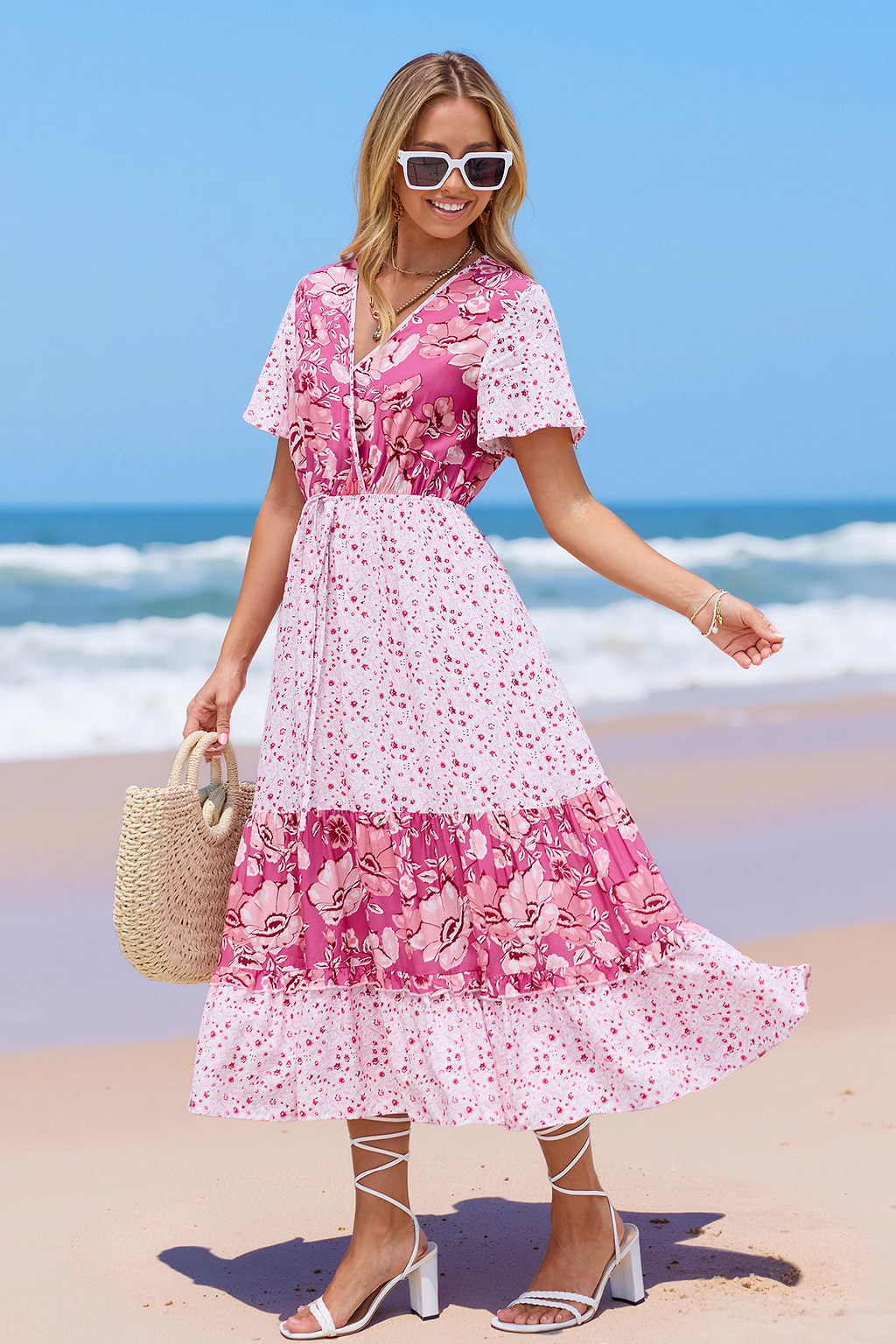 Pink Floral Surplice Midi Dress