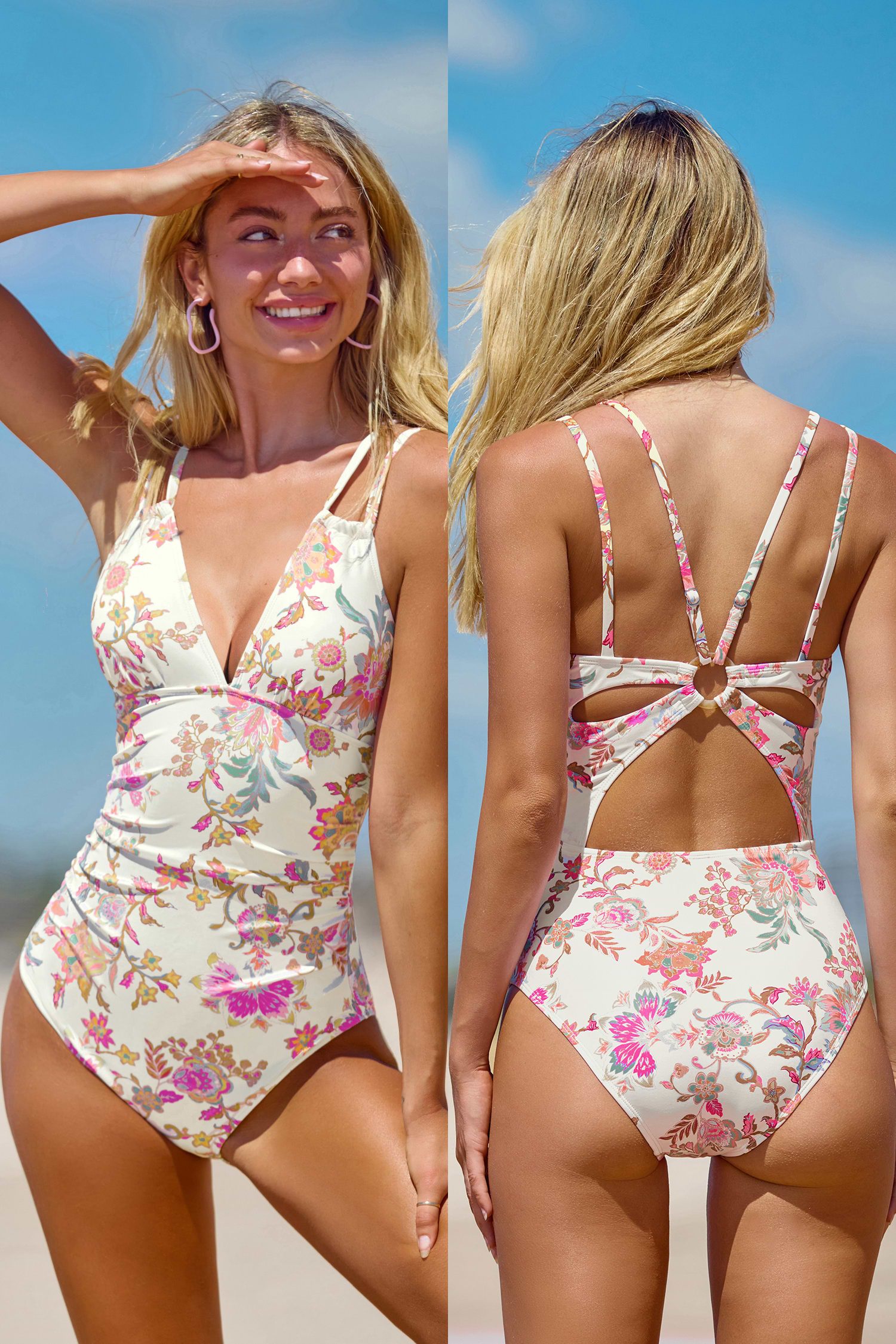 送関込【CUPSHE】 ペイズリー ダブルストラップ ワンピース 水着 Creme Paisley Double Strap One-Piece Swimsuit