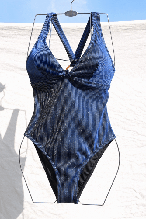 Shimmering Navy Plunging One-Piece Swimsuit