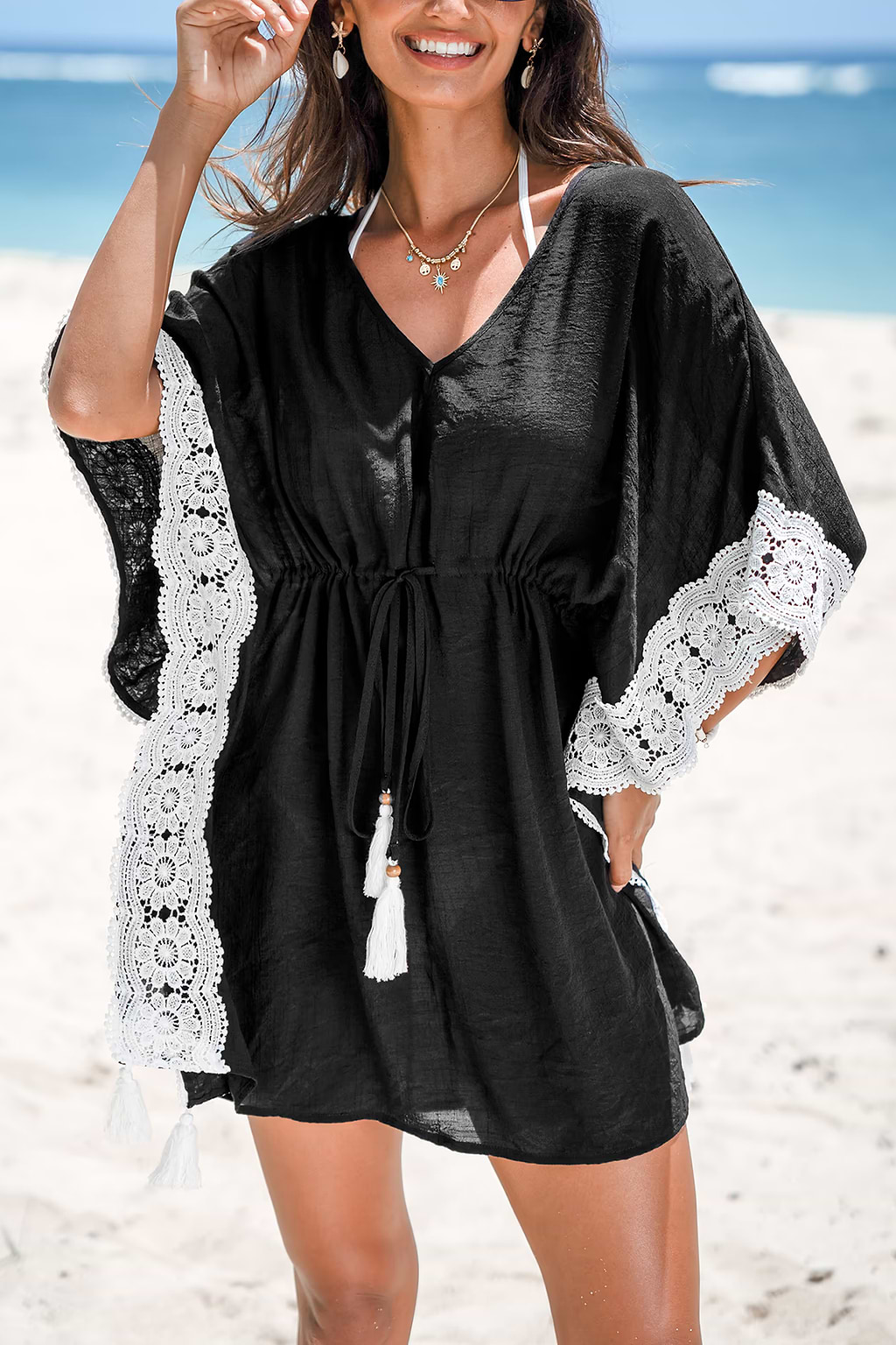 Black V-Neck Bell Sleeve Cover-Up Mini dress