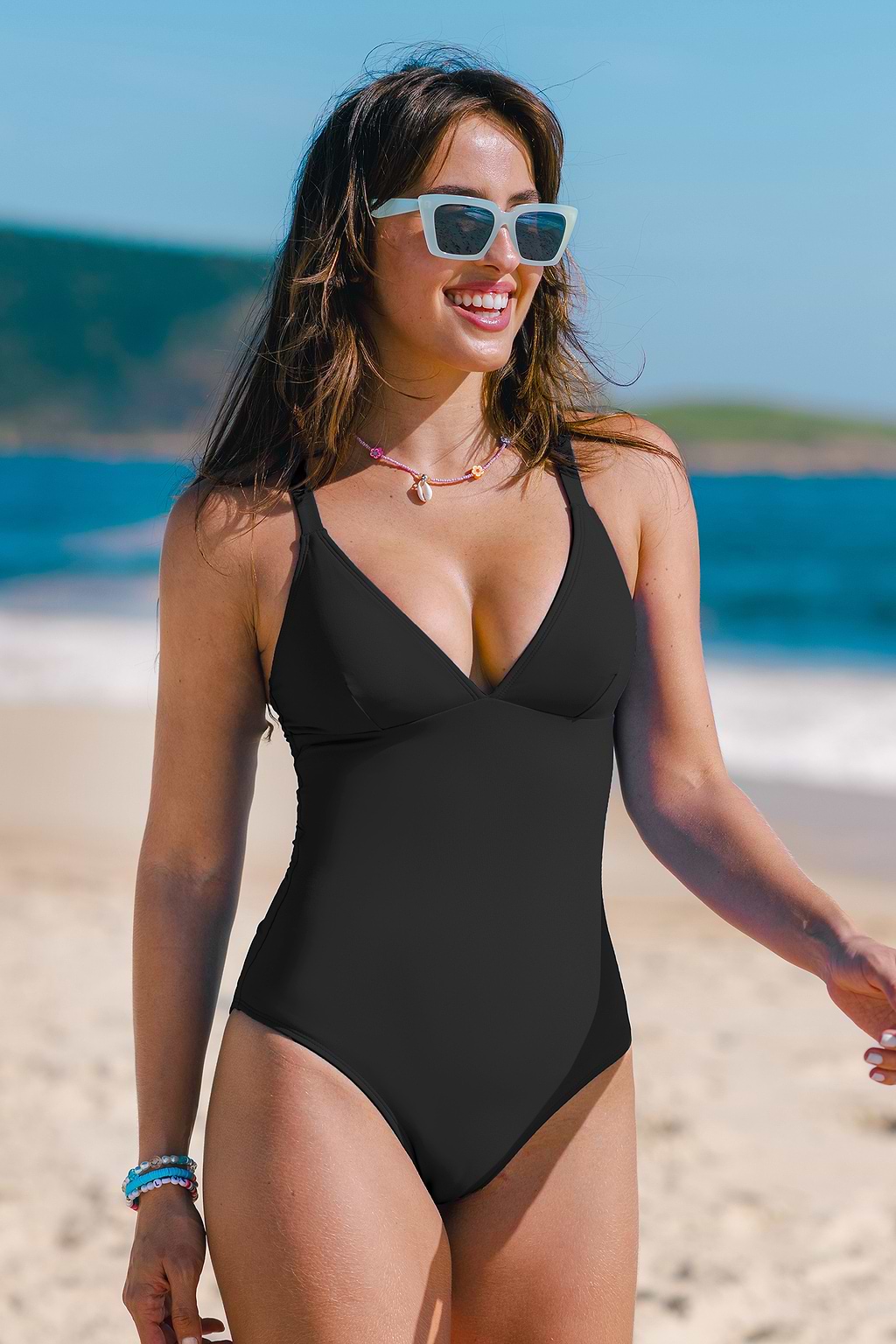 Black Plunging Slim & Sculpt Lace-Up Back One Piece Swimsuit