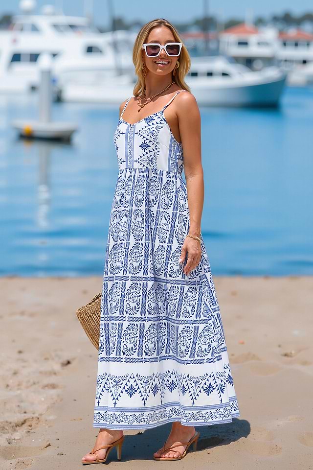 boho blue and white maxi dress Amazon.com: GUCURIN Women Floral Maxi Dress Spaghetti Strap V Neck  Patchwork Bohemian Flowy Dresses Summer Fall (S,Blue) : Clothing, Shoes &  Jewelry