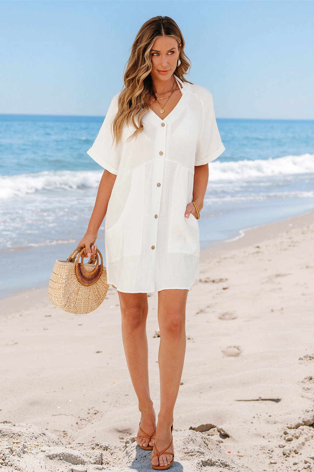 White Button Front Cover-Up Mini Dress
